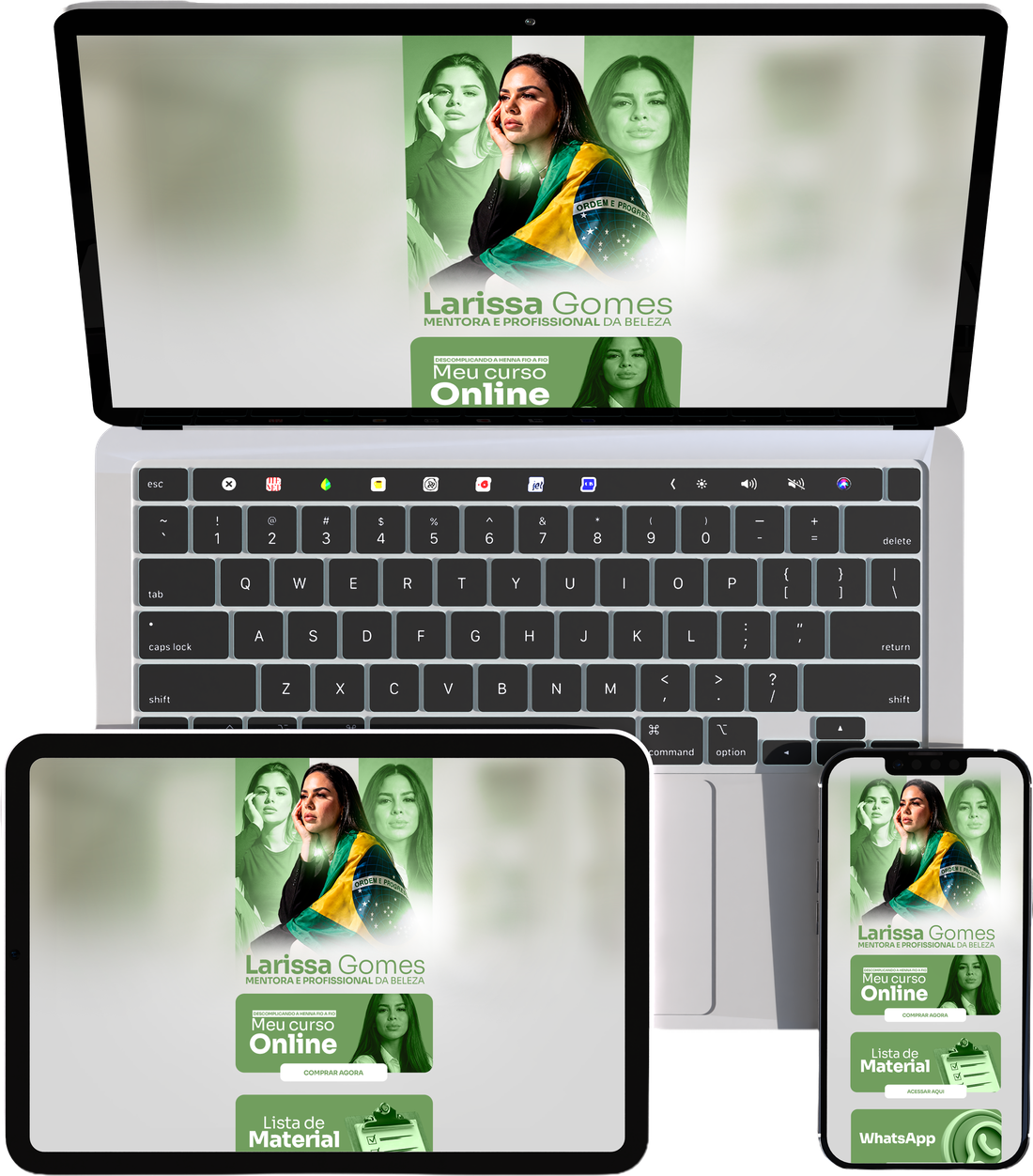 Página VH Bio Link de Larissa Gomes no notebook, tablet e celular
