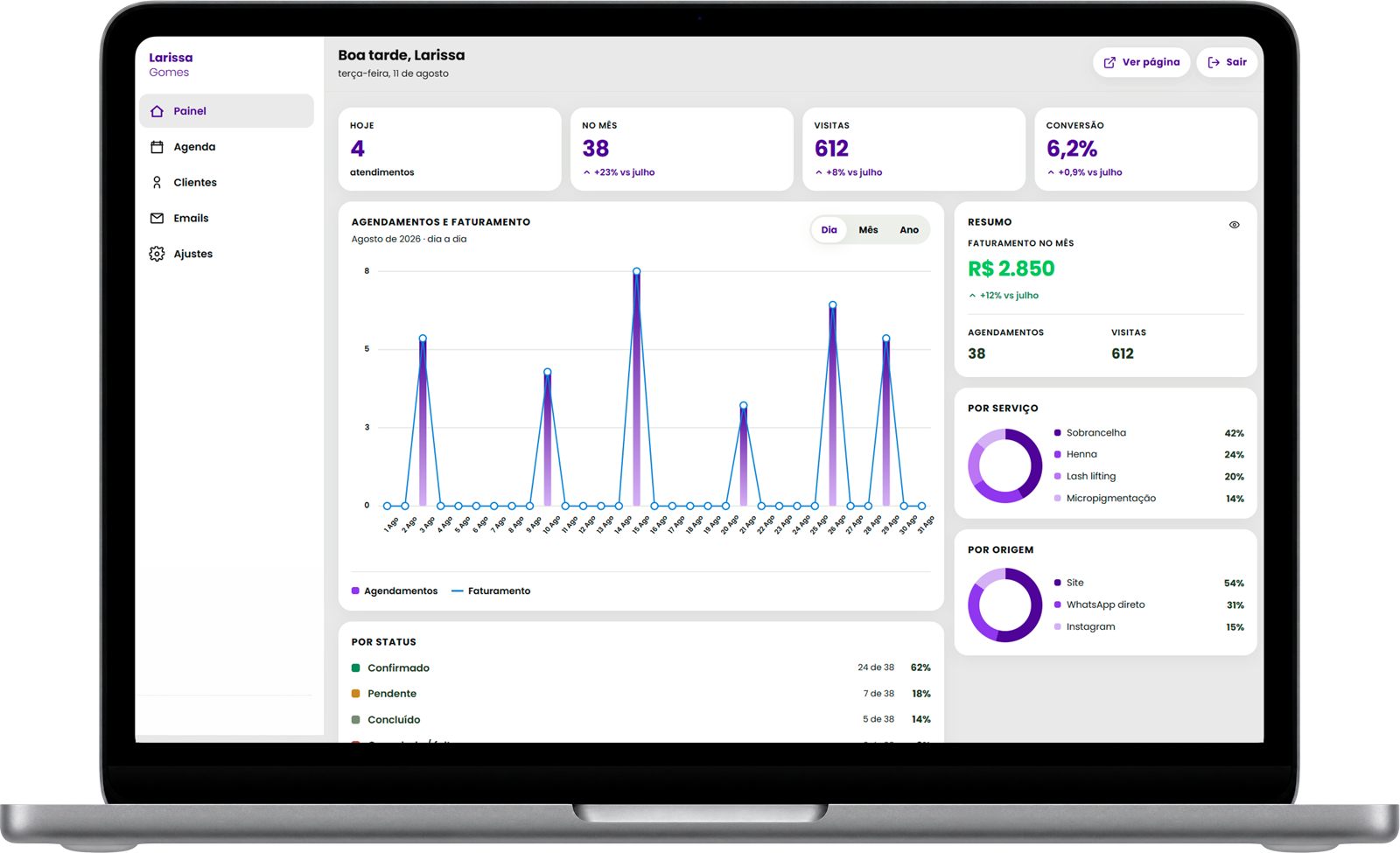 Painel do VH Bio Link aberto num notebook, mostrando agendamentos, faturamento e a agenda do dia