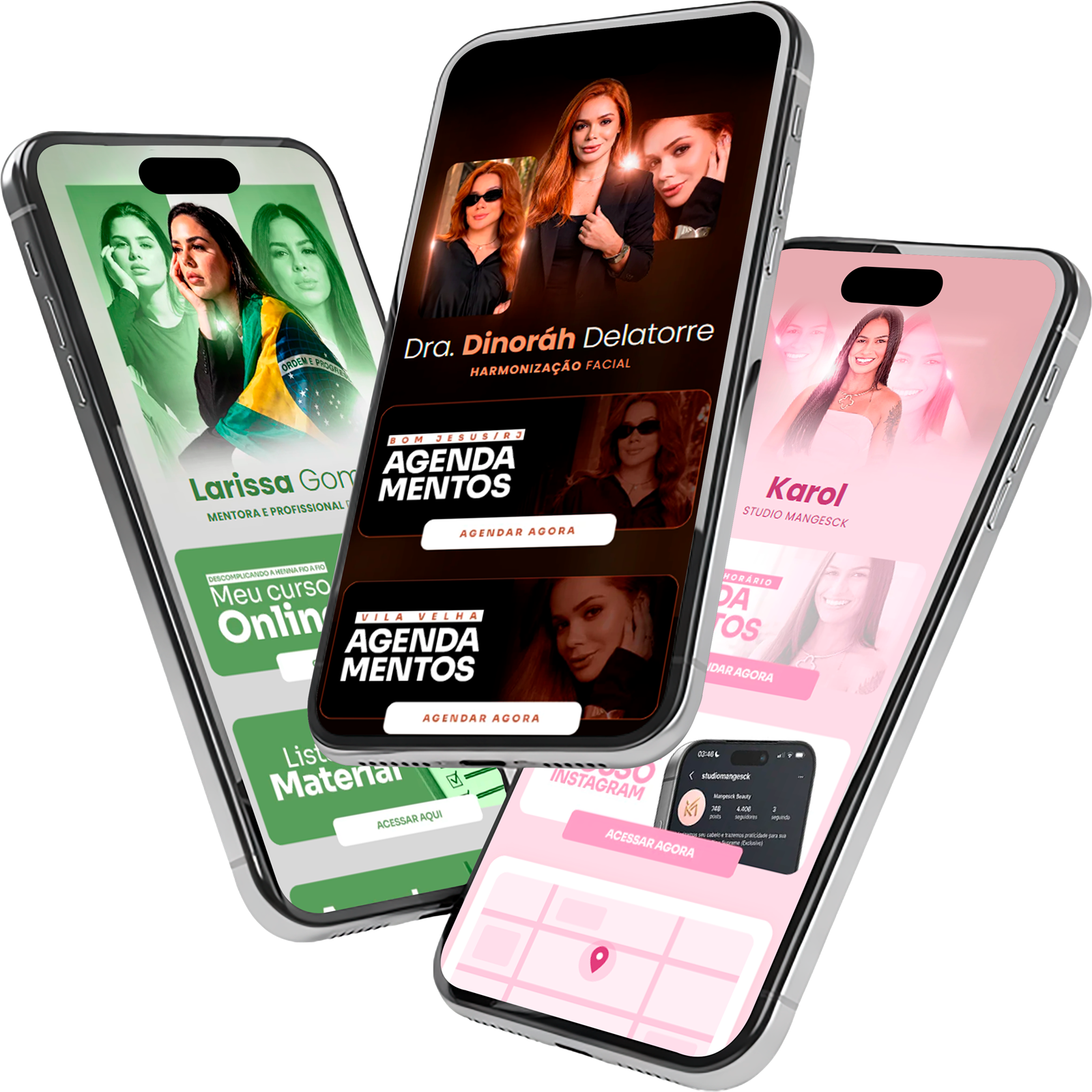 Três celulares mostrando páginas VH Bio Link de clientes reais
